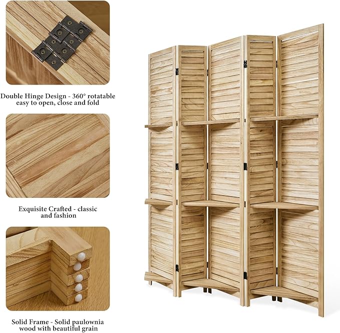Partition Room Dividers, Folding Wood Privacy Screen with Three Display Shelves Suitable for Home Office, Study, Art Display - 5 Panel, 67 * 64inch (Wood)…