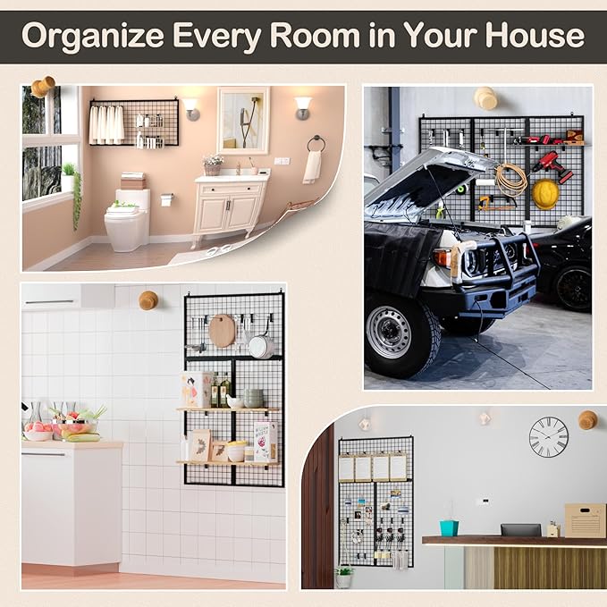 ztysn 3pcs Grid Wall Panels Display Stand -Wire Grid Hanging Rack with 30 Hooks, Freely Assembled Art Display Panels/Workshop Wall Mount Storage Rack Garage Organization