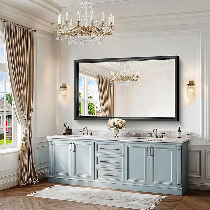 Large Bathroom Mirror, 60 x 36 Inch Rectangular Wall Mirror 0.6" Thickened Deep Frame, Brushed Black Mirrors for Bathroom Sink, Shatterproof Tempered Glass, Antirust, Horizontally or Vertically