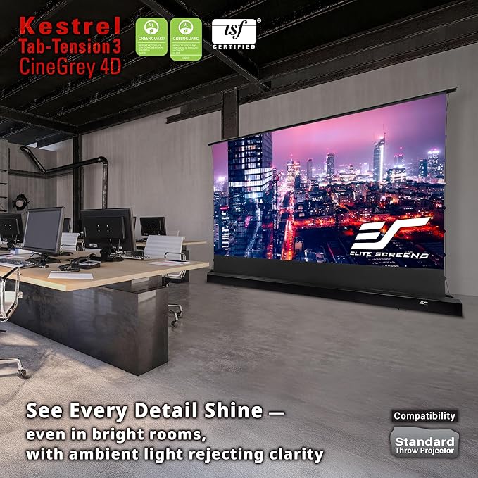 Elite Screens Kestrel Tab-Tension 3 CineGrey 4D, 122 inch 16:9, Standard Throw ISF Ceiling Ambient Light Rejecting (CLR/ALR) Electric Floor-Rising Projector Screen, Programmed Remote Kit, FTE122H3-C4D