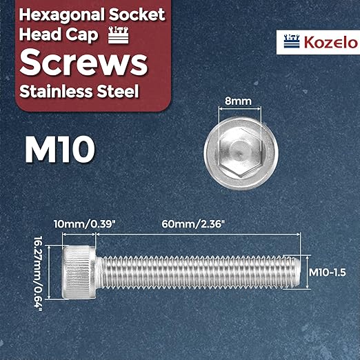 Kozelo 10pcs Socket Head Cap Screws - [M10-1.5 x 60mm] 304 Stainless Steel Allen Socket Drive for Electrical Motor 3D Printing Fan Engine Replacement Use, Silver