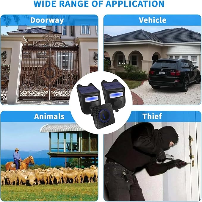 Qumox Solar-Powered Driveway Alert System - Wireless Motion Sensor Doorbell with Weatherproof Design for Home and Business Security (2 Sensor & 1 Receiver)
