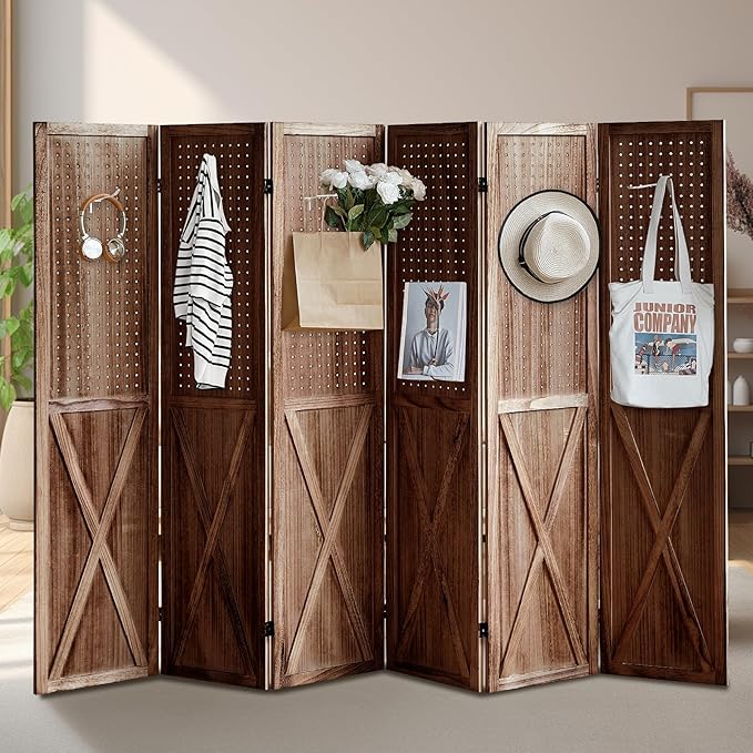 ALeesing 6 Panel Pegboard Room Divider, 5.6Ft Pegboard Display Folding Privacy Screens, Wood Room Divider Peg Board Display Freestanding for Trade Show Craft Show Home Wall Organizer, Brown