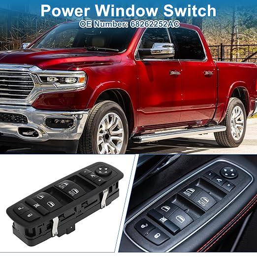 A ABSOPRO Power Window Switch No.68262252AC Front Left Driver Side Window Control Switch for Ram 1500 2500 3500 Black