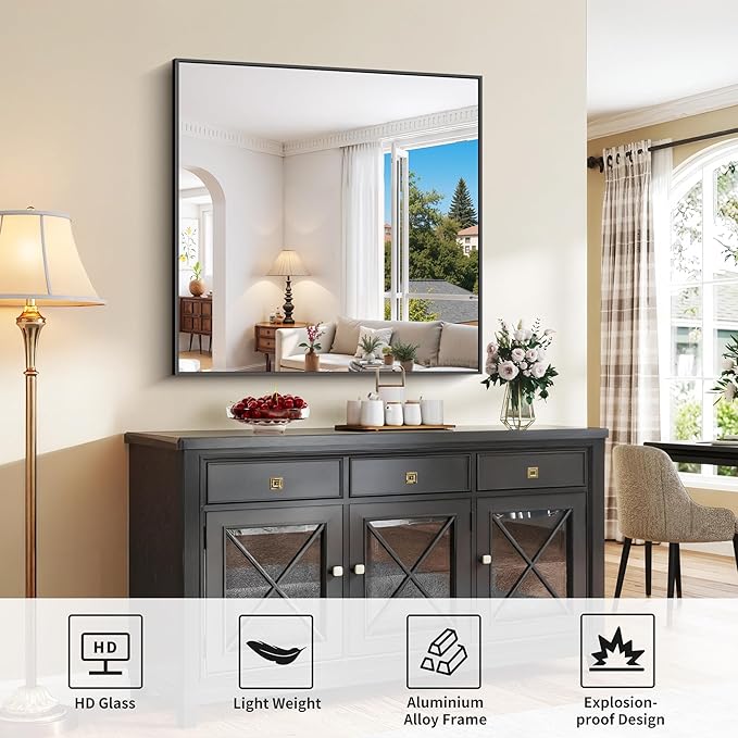 Black Bathroom Mirror for Wall, 39x39 Inch Rectangle Mirror with Metal Frame, Square Modern Vanity Mirrors for Bathroom Living Room, Entryway Hangs Horizontal or Vertical