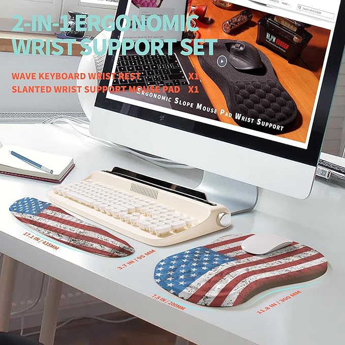 KUOSGM 2-in-1 Ergonomic Set, Wave Rise Keyboard Wrist Rest and Massage Bulge Slope Mouse Pad Wrist Support, Cushion Memory Foam Integrated to Relieve Wrist Pain, American Flag