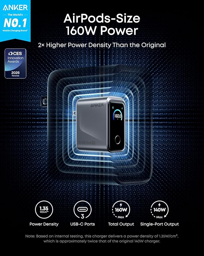 Anker Prime Charger, 160W 3-Port Compact GaN USB C Charger Block, Smart Display and Touch Control, 140W Max Charging via Any Single Port, for MacBook Pro/Air, Laptop, iPhone 17/16 Series(Non-Battery)