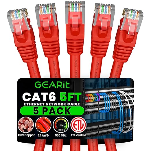 GEARit Cat 6 Patch Cables 5 ft Red Cat6 Patch Cables 5ft Red/Ethernet Patch by GEARit