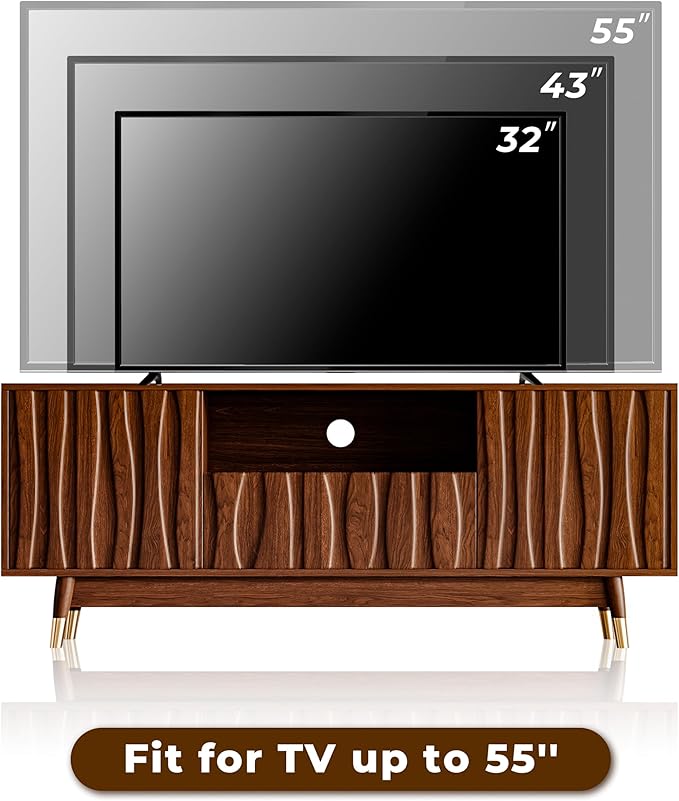 ATJafurn 55‘’ Brown Walnut Finish TV Stand for 32/43/55 Inch TVs, Mid Century Modern Wood Media Console Entertainment Center with Drawer and 2 Cabinets for Living Room Bedroom
