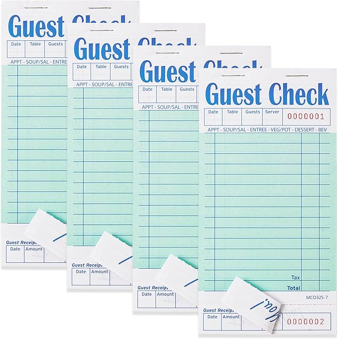 4 Pack Green Guest Checks Books for Servers Server Note Pads, Waiter Checkbook, Waitress Notepad for Restaurants, Paper Checks 50 Sheets/Pack, 200 Total Tickets