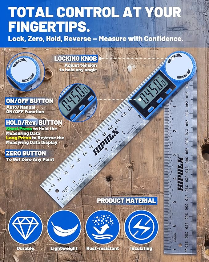 HIPULX Digital Angle Finder Ruler, 7 Inch 2-in-1 Stainless Steel Angle Finder Tool, 360° Digital Protractor with LCD Display for Woodworking, Construction, Reverse Angle Measurement