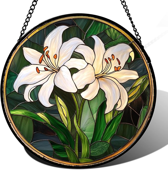 CRISGIF Stained Glass Window Hanging, White Lily Suncatcher for Door Garden Patio Birth Flower Green Plant Sun Catchers Decor Christmas Mother's Day Birthday Gifts for Women Mom Nana Friend 7.8 in