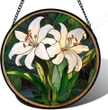 CRISGIF Stained Glass Window Hanging, White Lily Suncatcher for Door Garden Patio Birth Flower Green Plant Sun Catchers Decor Christmas Mother's Day Birthday Gifts for Women Mom Nana Friend 9.8 in