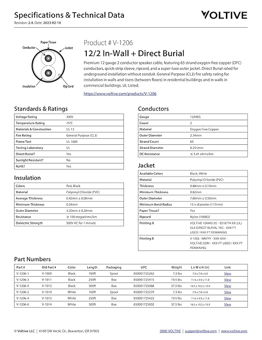 Voltive 12/2 Speaker Wire, in-Wall CL3 & Direct Burial, White, 100ft - 12AWG, 2 Conductors, Stranded Oxygen-Free Copper, UL Listed - V-1206-2