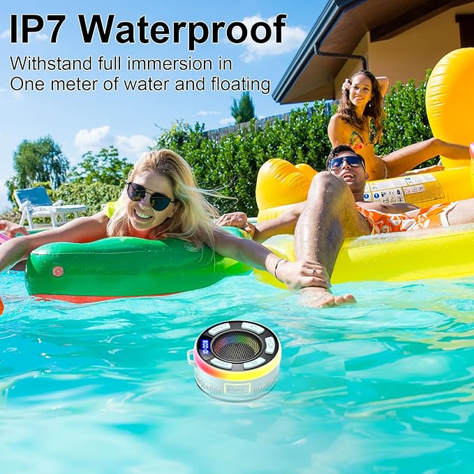 Shower Bluetooth Speaker IPX7 Waterproof, Portable Bluetooth Speakers with Suction Cup and Time Display, Crystal Sound&Bass LED Light 1100mAh, Wireless Shower Speaker for Outdoor/Kayak/ Light Cyan