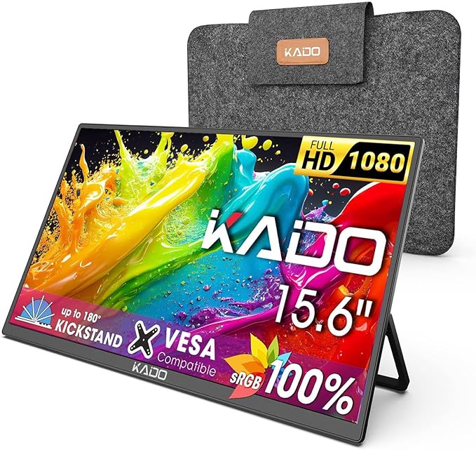 Kado 15.6" 1080p Portable Monitor for Laptop, 100% sRGB 1920x1080 HDMI USB-C Second Display IPS Laptop Screen Extender, Carrying Sleeve 180° Kickstand for PC, Mac, Dex, Tablet, Xbox, PS4/PS5, Switch