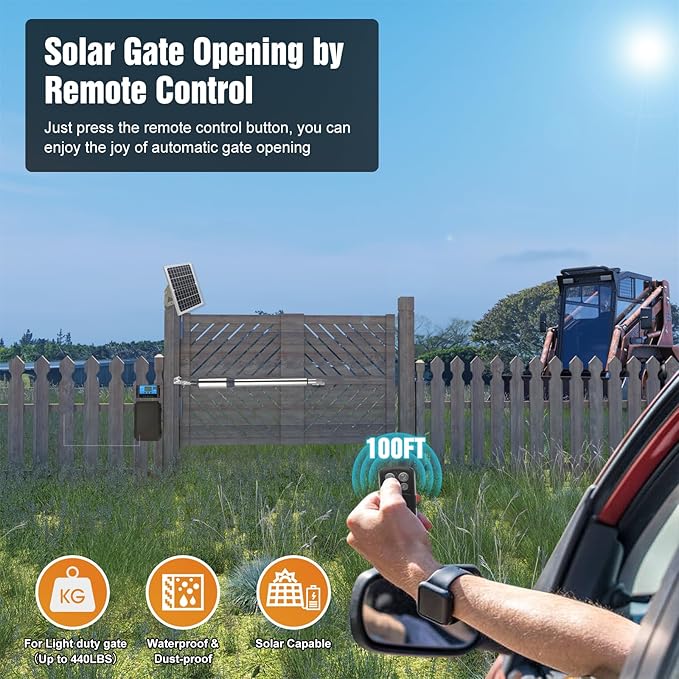 JUJIANG C01 Solar Gate Opener with Batteries & Solar Panel for Single Swing Gates Up to 440lb 12FT Automatic Gate Openers with Remote Complete Kit Light Duty Automatic Gate Openers Solar Powered