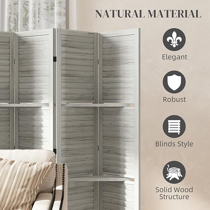 HOMCOM Room Divider, 6 Panel 67" Tall Wood Privacy Screen with 3 Display Shelves, and Folding Storage for Bedroom or Home Office, Distressed White