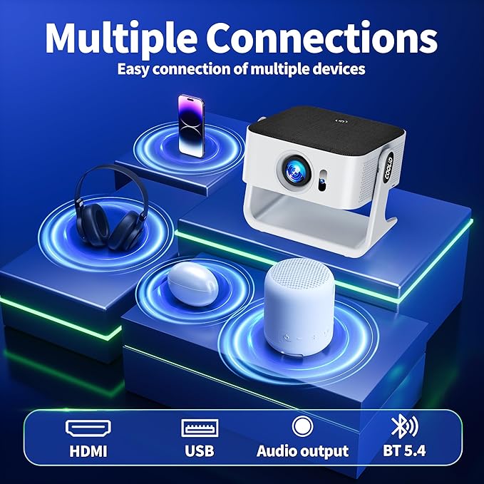 [Compatible with Netflix & Support 4K] 1080P HD Mini Projector Dual Band WiFi6 5G and BT 5.4 Auto Focus & Obstacle Avoidance Portable Outdoor Projector, 270° Adjustable Stand for Home Movie - White