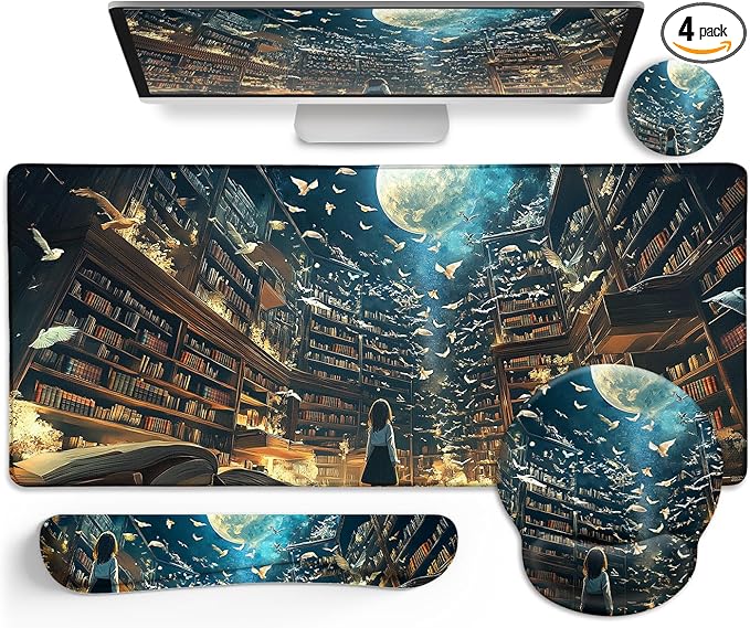 LIMKRIAN Anime Book Mouse Pad Set Large Desk Matt for Desktop, Ergonomic Mouse Pad with Wrist Rest, Gaming Mousepad Wrist Support Keyboard Mat Cup Coaster Set Cute Desk Accessories for Women Girl