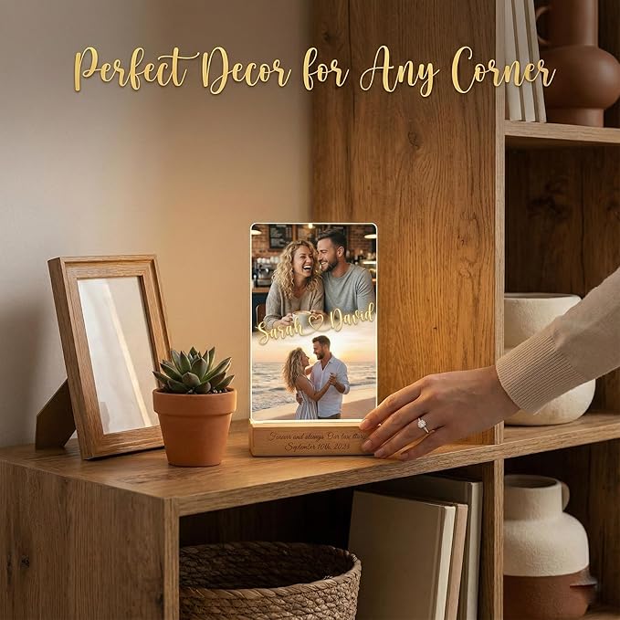 MamaEra Valentine’s Day Gift for Him - Personalized Photo Collage Night Light for Couples - Custom Acrylic LED Lamp with Names & Engraved Wooden Base - Romantic Anniversary, Wedding