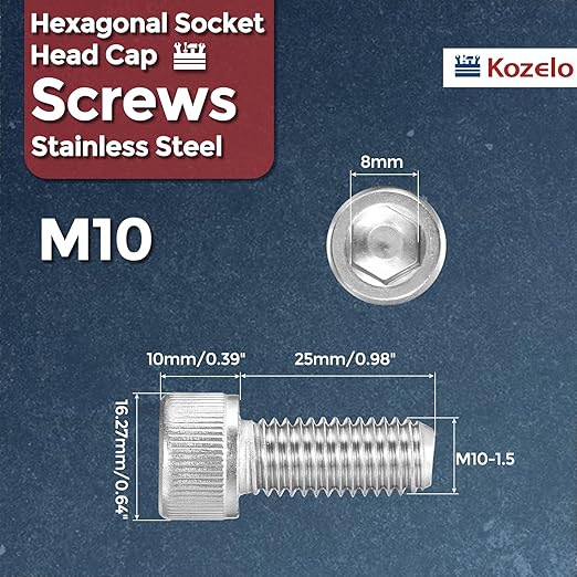 Kozelo 15pcs Socket Head Cap Screws - [M10-1.5 x 25mm] 304 Stainless Steel Allen Socket Drive for Electrical Motor 3D Printing Fan Engine Replacement Use, Silver