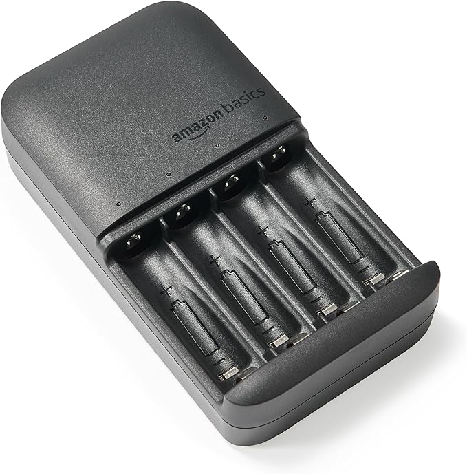 Amazon Basics 4-Bay Battery Charger for AA & AAA Rechargeable Batteries with Rechargeable AA NiMh Batteries, 4 count (Pack of 1), Type A (American) Plug, Black