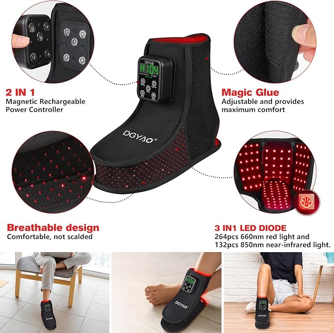 Rechargeable Red Light Therapy Feet Ankle, 132 LEDs 660 nm Red Light and 850 nm Infrared Light Therapy Shoe, with 6000mAh Battery Adjustable Power and Time Controller 2Pack