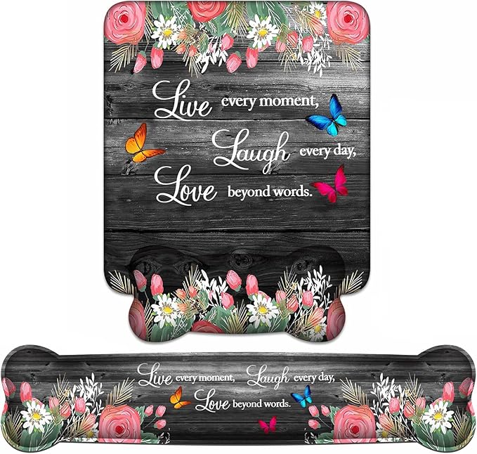 Keyboard Wrist Rest + Mouse Pad Wrist Support Set with Coasters, Non-Slip PU Base Ergonomic Mousepad for Home Office Working Studying Easy Typing & Pain Relief, Floral Quote Live Laugh Love