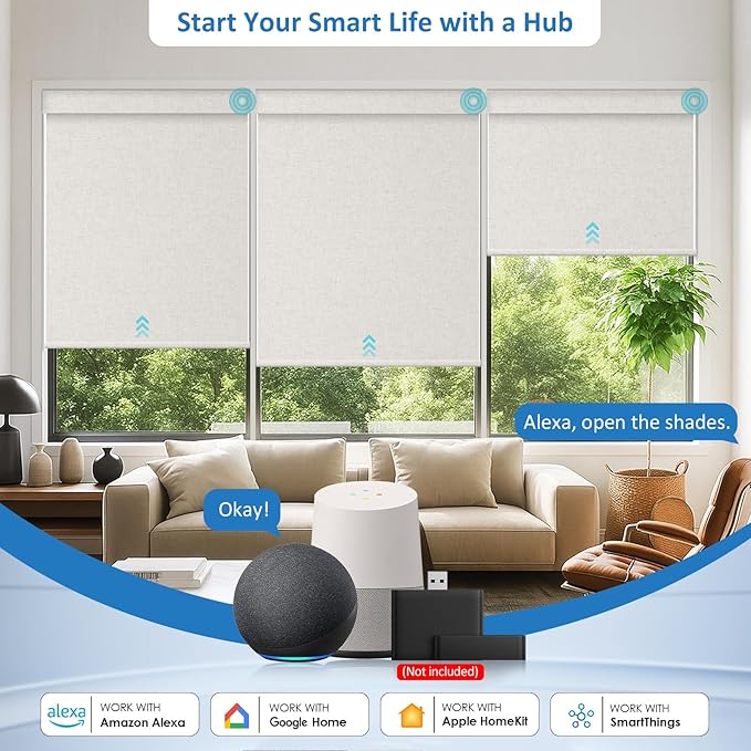 MANSNIX Smart Motorized Blinds with Remote, Cordless No-Drill Automatic Roller Shades, Blackout Electric Blind for Windows, Linen Stone, 33 x 72