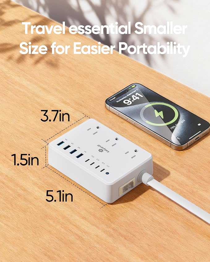 Kakyanill 100W Charging Station, 6 AC Outlets 8 USB Power Strip with 2000J Surge Protector, 5ft Flat Plug Extension Cord, Compact for Desk Home Office Dorm, White
