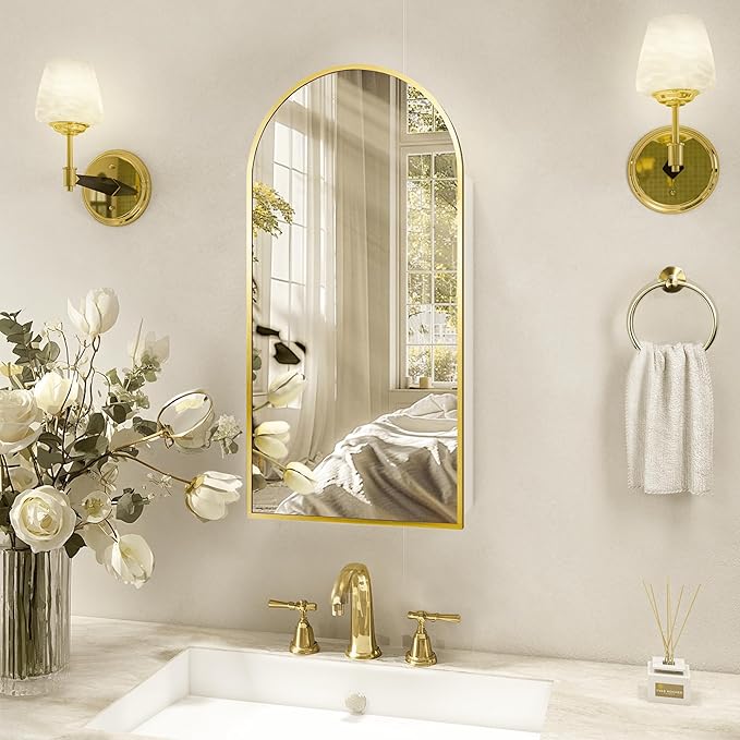 Arched Medicine Cabinet with Mirror Left or Right Opening,Bathroom Medicine Cabinet Wall Mounted,Bathroom Mirror with Storage and Adjustable Shelves,15.7x29.5 Not Recessed,Gold