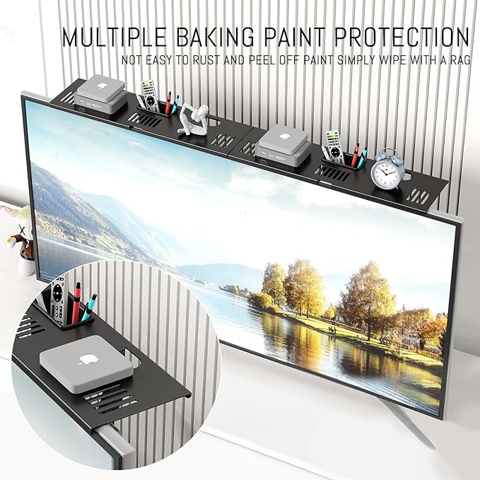 CABTE Adjustable Steel TV Top Shelf, Floating TV Stand, Universal Monitor Shelf for Soundbar, Game Console, Cable Box, Router Shelves (Black,33.86"x4.7" with Boxes)