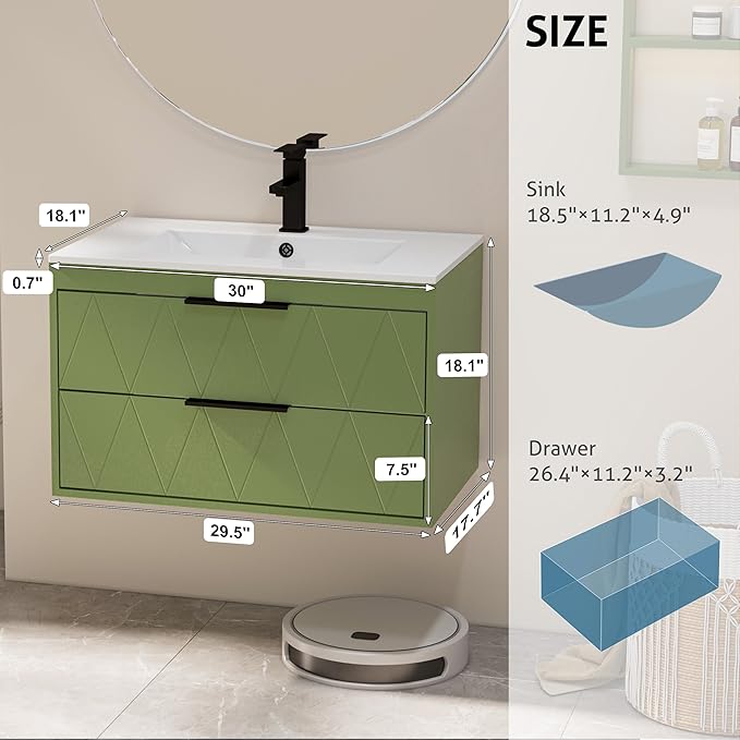 eclife 30" Bathroom Vanities Cabinet with Sink Combo, Wall Mounted Floating Cabinet W/Decor Line, Soft-Close System, 2 Extra Big Drawers, Matte Black Faucet, Matcha Green