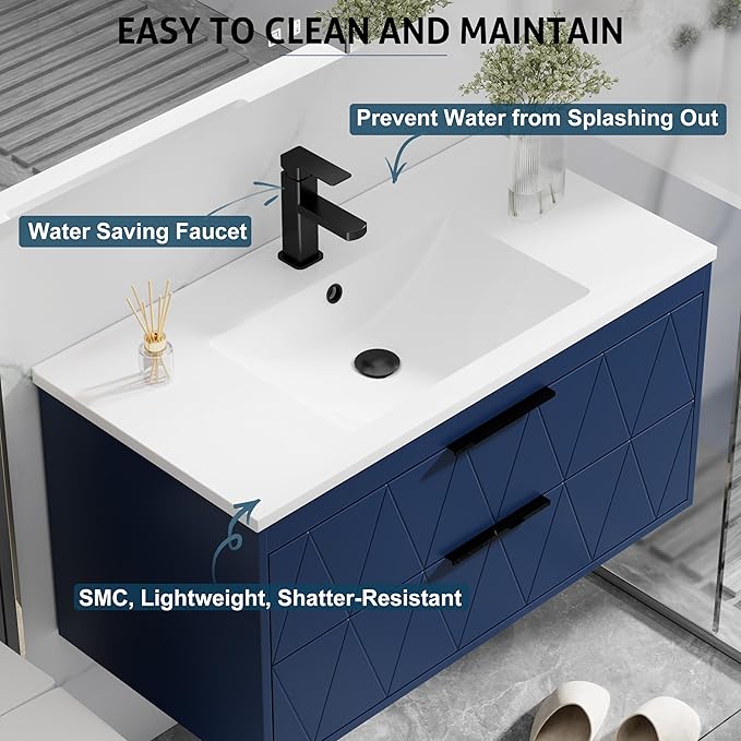 eclife 36" Bathroom Vanities Cabinet with Sink Combo, Wall Mounted Floating Cabinet W/Decor Line, Soft-Close System, 2 Extra Big Drawers, Matte Black Faucet, Navy Blue