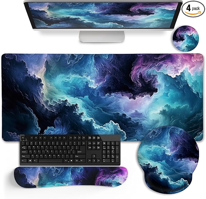 LIMKRIAN Galaxy Mouse Pad Set Large Desk Matt for Desktop, Ergonomic Mouse Pad with Wrist Rest, Gaming Mousepad Wrist Support Keyboard Mat Cup Coaster Set Cute Office Desk Decor Accessories