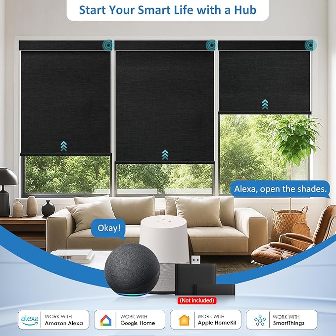MANSNIX Smart Motorized Blinds with Remote, Cordless No-Drill Automatic Roller Shades, Blackout Electric Blind for Windows, Black, 33 x 72