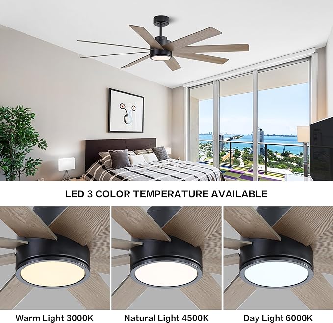 WINGBO 72" Large DC Ceiling Fans with Lights and Remote, 3 Downrods, 8 Plywood Blades, 6-Speeds Reversible DC Motor, 3CCT, Indoor Ceiling Fan for Bedroom Living Room Patio, Black and Gray