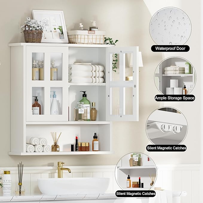 Modern Hanging Bathroom Cabinet, Sturdy Wooden Medicine Cabinet with Buffering Hinge & Anti-Scratch Door, Space-Saving Wall Mounted Over Toilet (Cross-Panel Door)