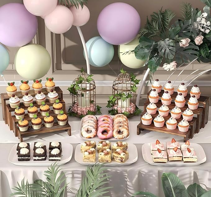 2 Set Large Wooden Tiered Risers Display Stands for Vendor Events,Stackable Wooden Cupcake Display Stand,Farmhouse Decor Wood Dessert Table Display Set,Vendor Booth Display Items,Food Display Risers for Party（12-11.2-10.4-9.6IN）