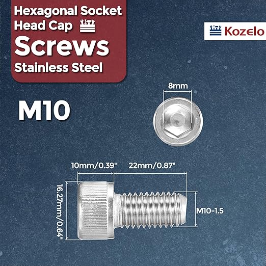Kozelo 6pcs Socket Head Cap Screws - [M10-1.5 x 22mm] 304 Stainless Steel Allen Socket Drive for Electrical Motor 3D Printing Fan Engine Replacement Use, Silver