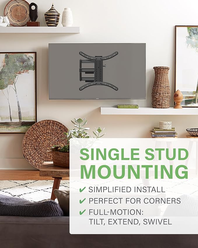 SANUS Full Motion TV Mount - Single Stud 32 to 55 inch TV Wall Mount Tilts, Extends & Swivels - Easy DIY Install Includes All Hardware & Post Install Leveling - Great for Corners