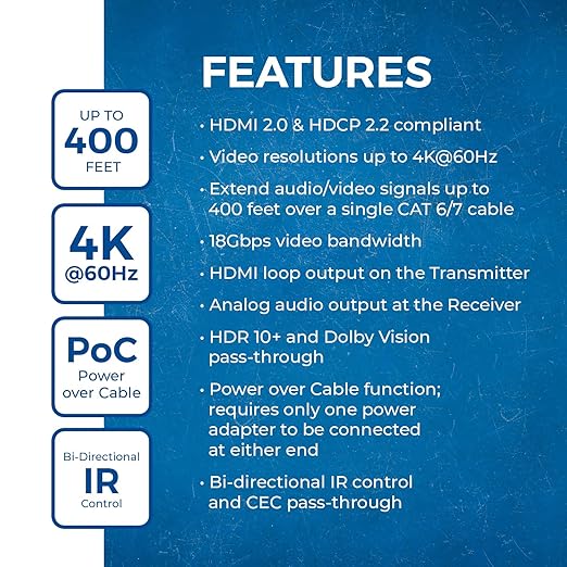 OREI 4K HDMI over Ethernet Extender Balun - HDBaseT UltraHD 4K @ 60Hz 4:4:4 CAT5e/6/7 Cable with HDR, CEC & IR Control, RS-232 Up to 400 Ft Loop Out POC Audio Out (UHD-EXB400R-K)