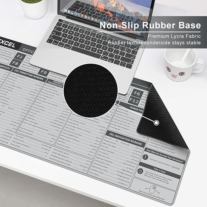 Baziabbo Office Desk Mat, Excel Cheat Sheet Keyboard Mat, Excel Shortcut Desk Pads,Non-Slip Excel Mousepad with Stitched Edges for Computer (Sheet Grey)