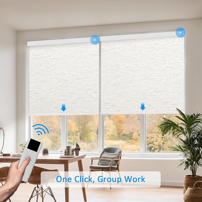 COOLWINDS Motorized Blinds with Remote Cordless Automatic Motorized Shades Custom Blinds for Windows Smart Curtains Compatible with Alexa Google Home(Light Filtering Jacquard Beige,W31 x H72in)