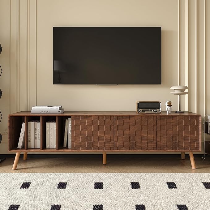 Virubi Mid-Century Modern TV Stand, Entertainment Center with 3 Doors and Open Shelf, Media Console for TVs up to 80 Inch, Television Stands with Cable Management for Living Room