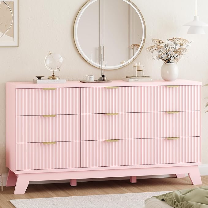 Xixini Fluted Dresser for Bedroom with 9 Drawers, 57" Wide Modern Chest of Drawers with Metal Handle, Wooden Dresser TV Stand, Wood Closet Clothes Storage Organizer for Living Room, Hallway, Pink