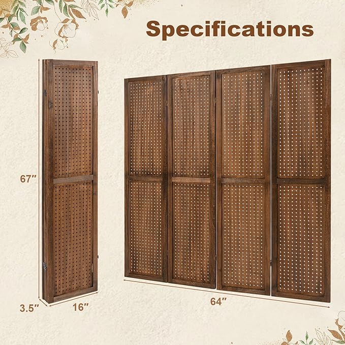 Giantex 4 Panel Pegboard Display & Room Divider, 5.6FT Folding Pegboard Stand for Crafting Show Jewelry Retail, Freestanding Privacy Screen, Wooden Partition Wall Divider for Room Separation, Brown