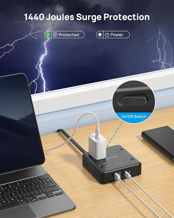 TROND 360° Rotating Flat Plug Power Strip, 10FT Flat Extension Cord with Multiple Outlets 4 USB (2 USB C), Wall Mount Surge Protector 1440 Joules for Home Office Travel Dorm Room Essentials, Black