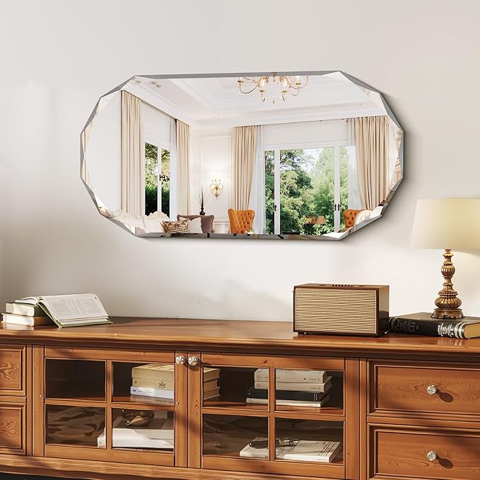 GLASHOM Beveled Edge Frameless Bathroom Mirror, Oval Wall Mirror for Over Sink, 18" x 36" Modern Decorative Vanity Mirror for Bedroom, Living Room, Entryway, Hanging Mirror Horizontal or Vertical